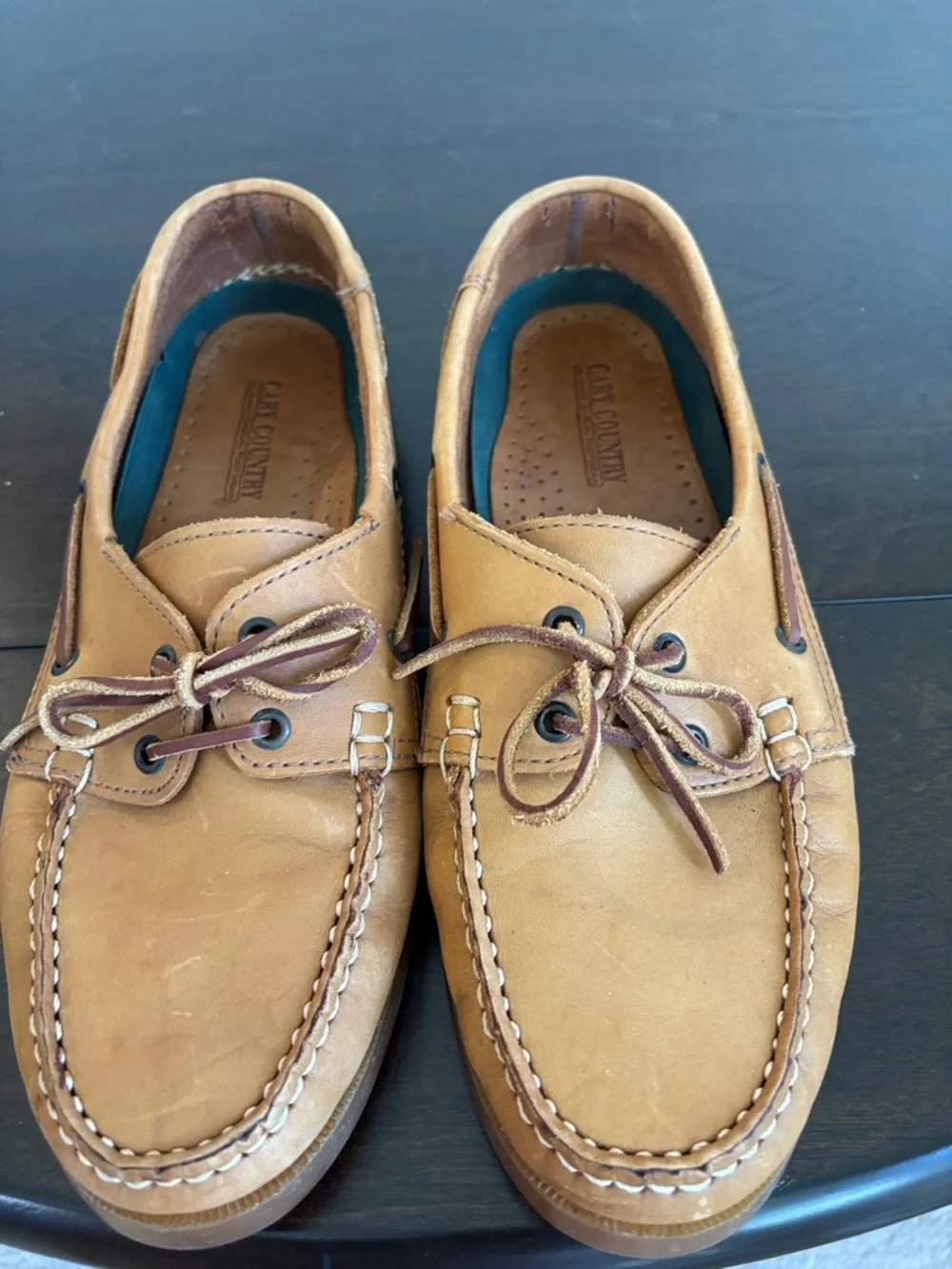 Cary Country Men's Tan Leather Boat Shoes with Moc Toe and Lace Detail Size 10